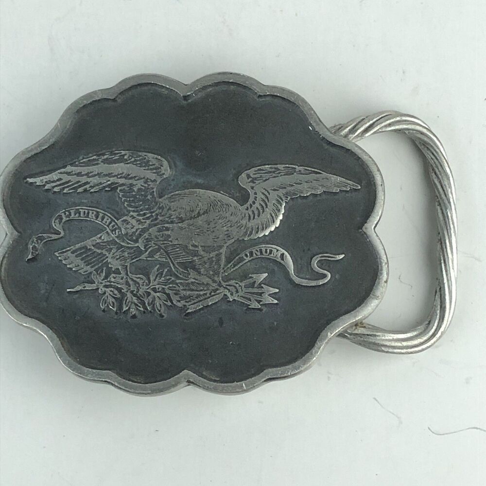 VINTAGE OLD FORGE METALS PEWTER E PLURIBUS UNUM EAGLE SCALLOPED BELT BUCKLE